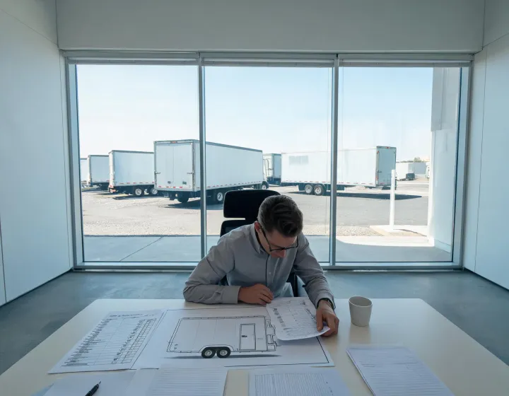 Procurement coordinator reviewing cargo trailer drawings and delivery notes
