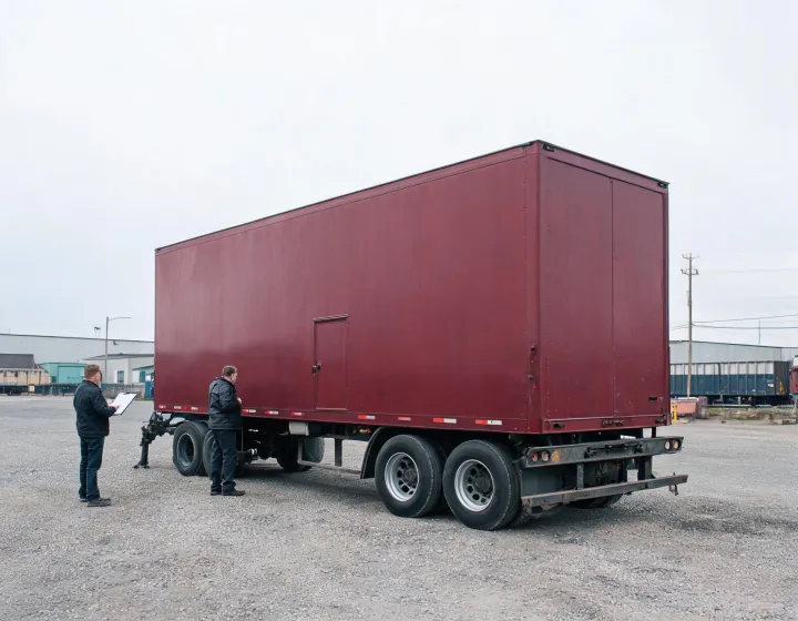 Custom enclosed cargo trailer being inspected at a freight yard